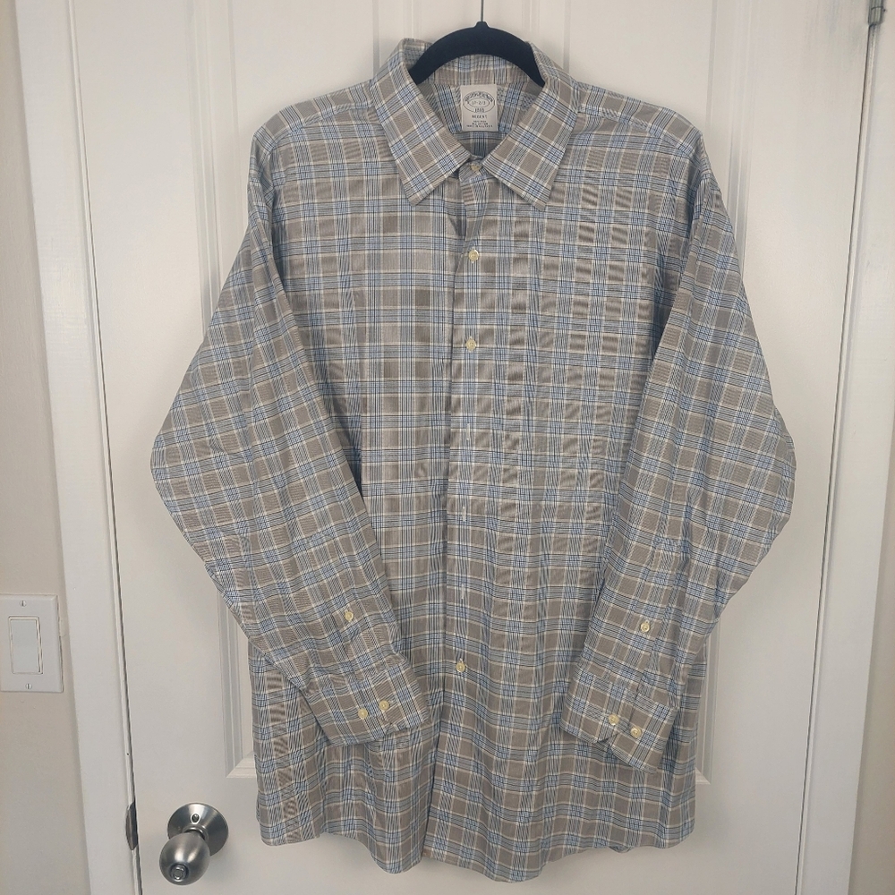 Brooks Brothers Non-Iron Cotton Dress Shirt, Men's 17 - 2/3 Grey & Blue Check